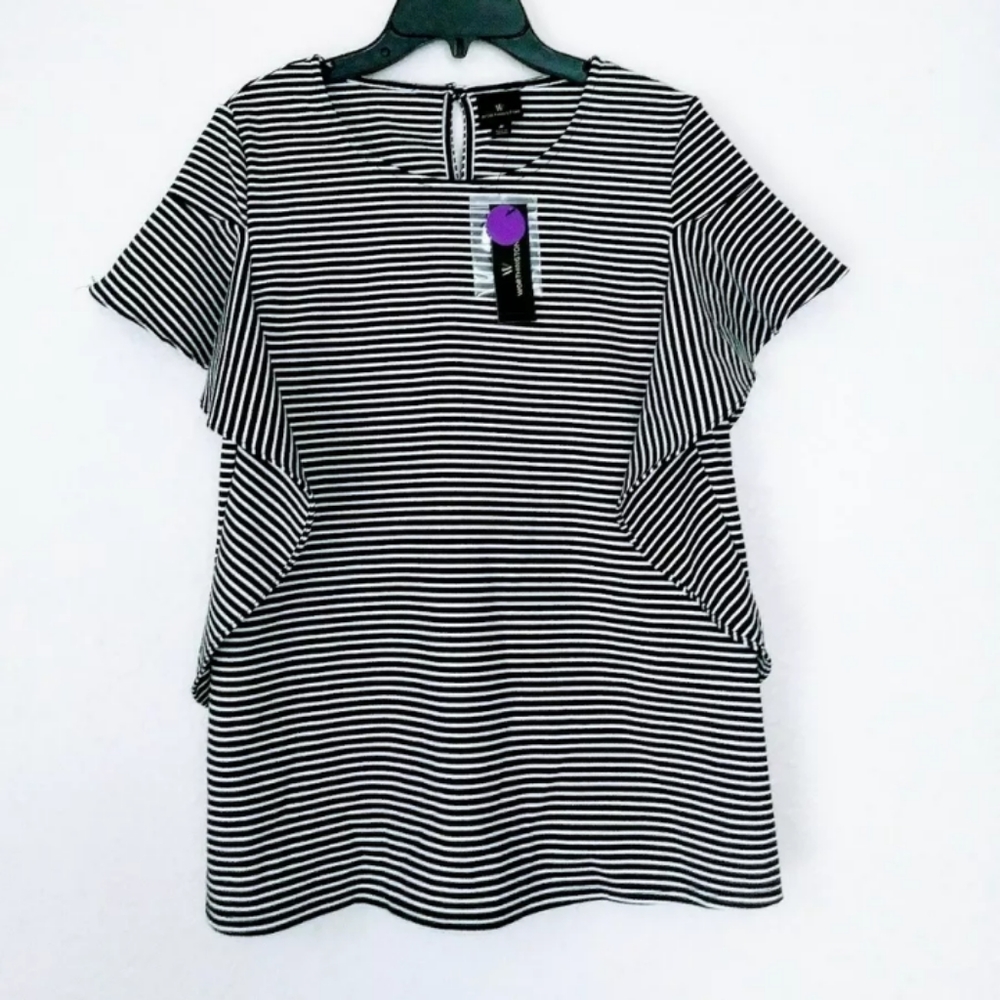 Worthington flutter sleeve striped Black top M